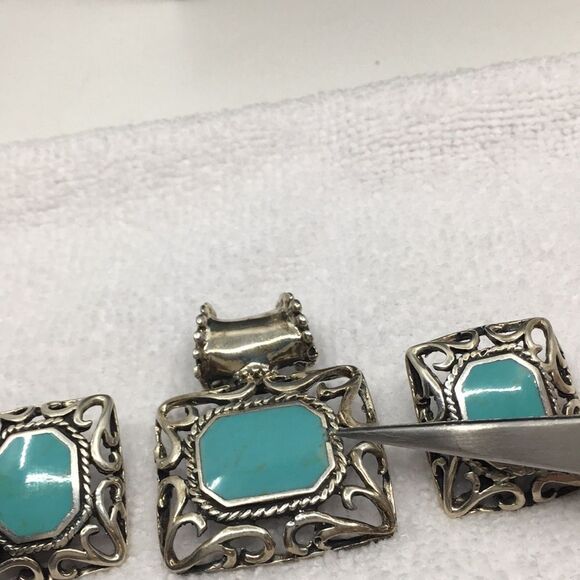 Sterling Silver 925 Mexico Chunky Faux Turquoise Dyed Howlite Pendant & Earrings - Picture 3 of 16